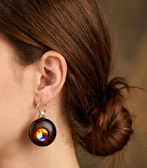 Handmade fused glass dangle earrings brown glass iridescent dichroic center